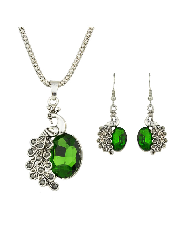 Green Jewelry Set Peacock Necklace And Earrings