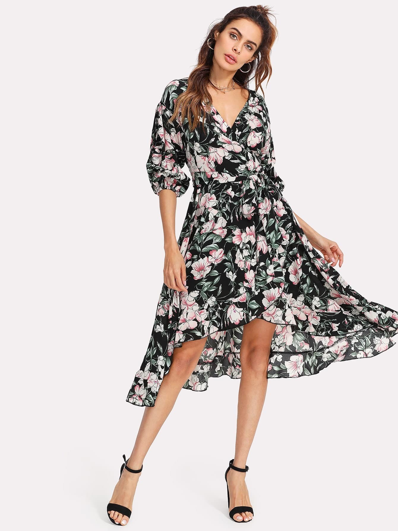 Gathered Sleeve Surplice Wrap Floral Dress gathered sleeve surplice wrap crop top