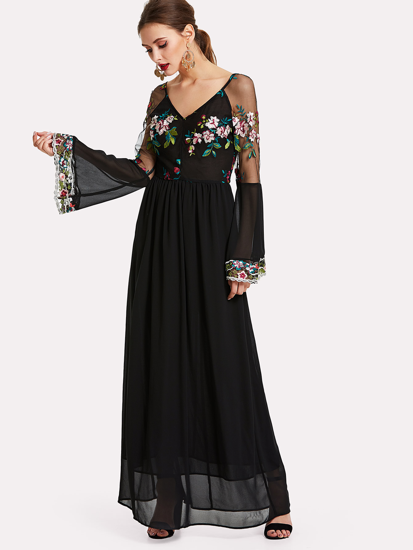Trumpet Sleeve Embroidered Mesh Bodice Dress mesh panel sleeve dress