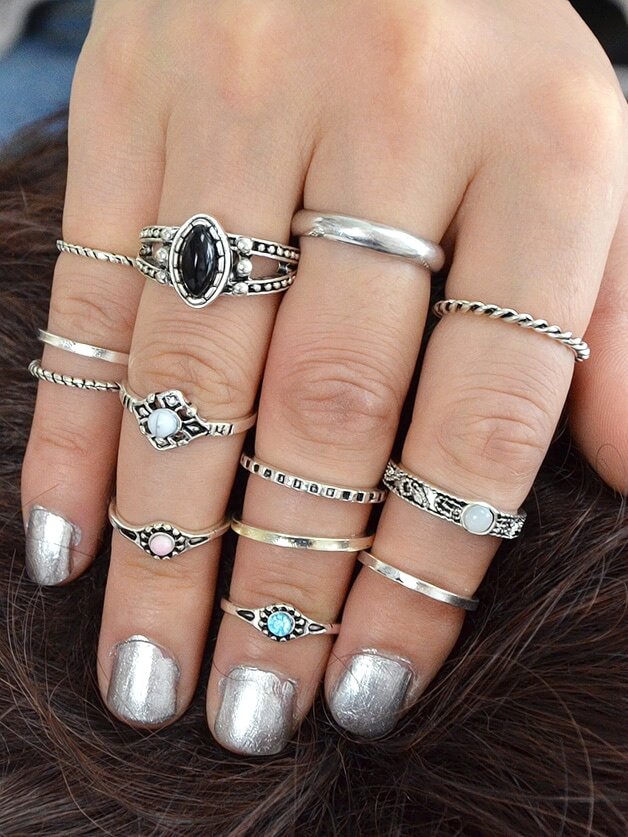 At-Silver 12Pcs/Set Knuckle Ring Stone Jewelry