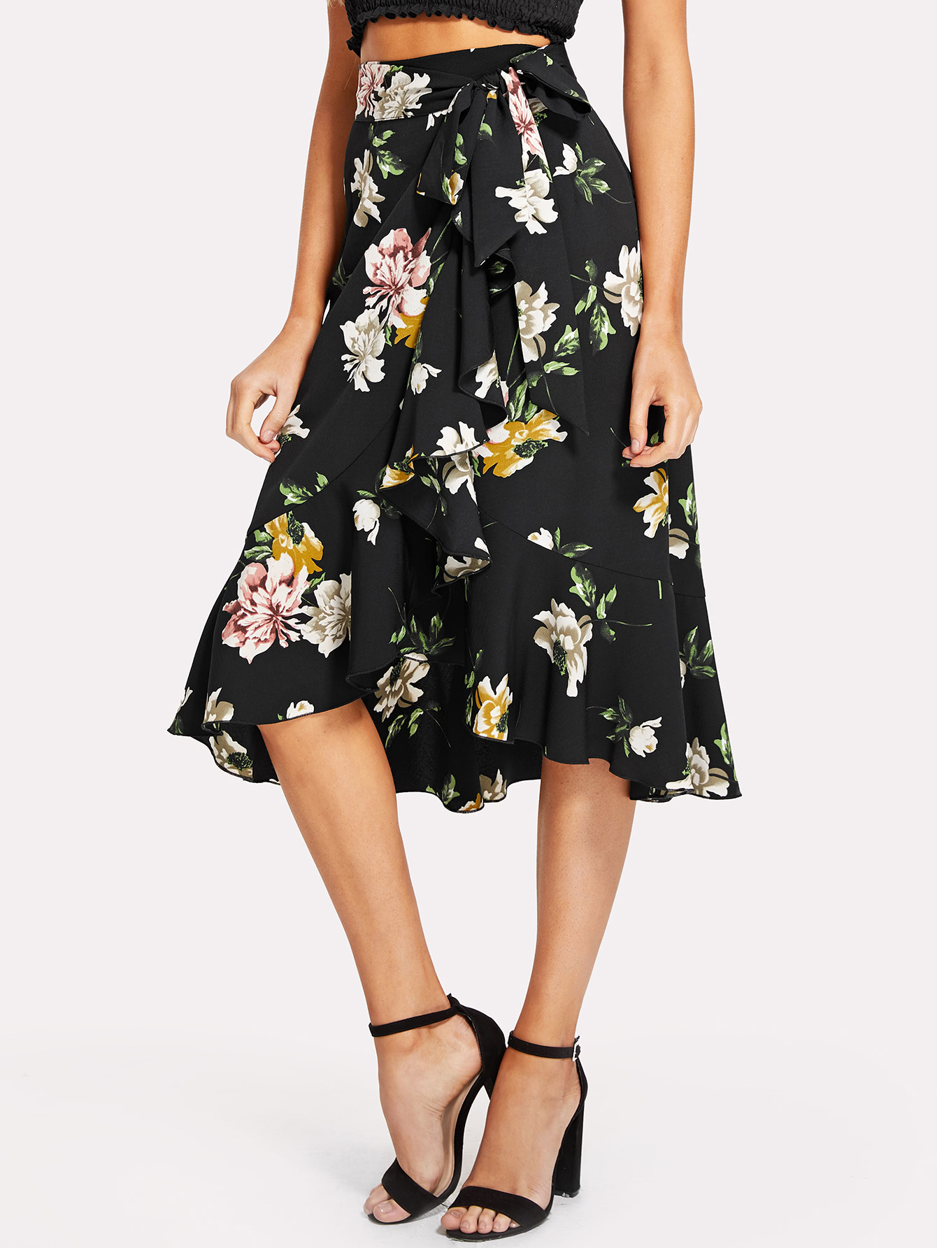 Tie Waist Ruffle Trim Асимметричная цветочная юбка Hem