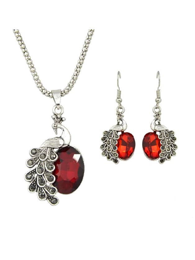 Red Jewelry Set Peacock Necklace And Earrings