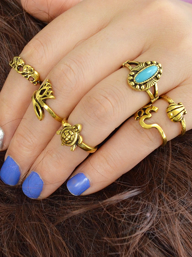 Gold 6Pcs/Set Stone Elephant Turtle Jewelry Rings