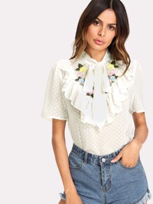 Tie Neck Flower Embroidered Dot Jacquard Top