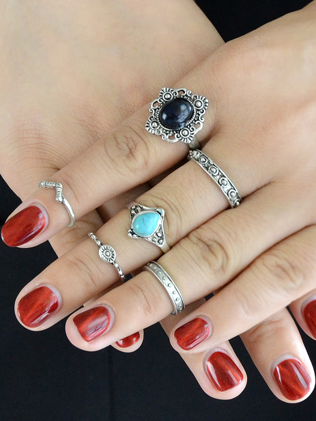 Silver 6Pcs/Set Stone Elephant Turtle Jewelry Rings