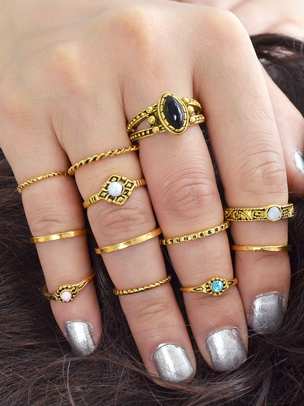 At-Gold 12Pcs/Set Knuckle Ring Stone Jewelry