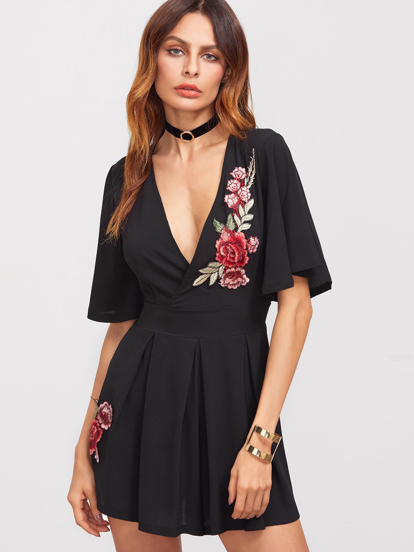 Embroidered Flower Applique Flutter Sleeve Pleated Wrap Romper