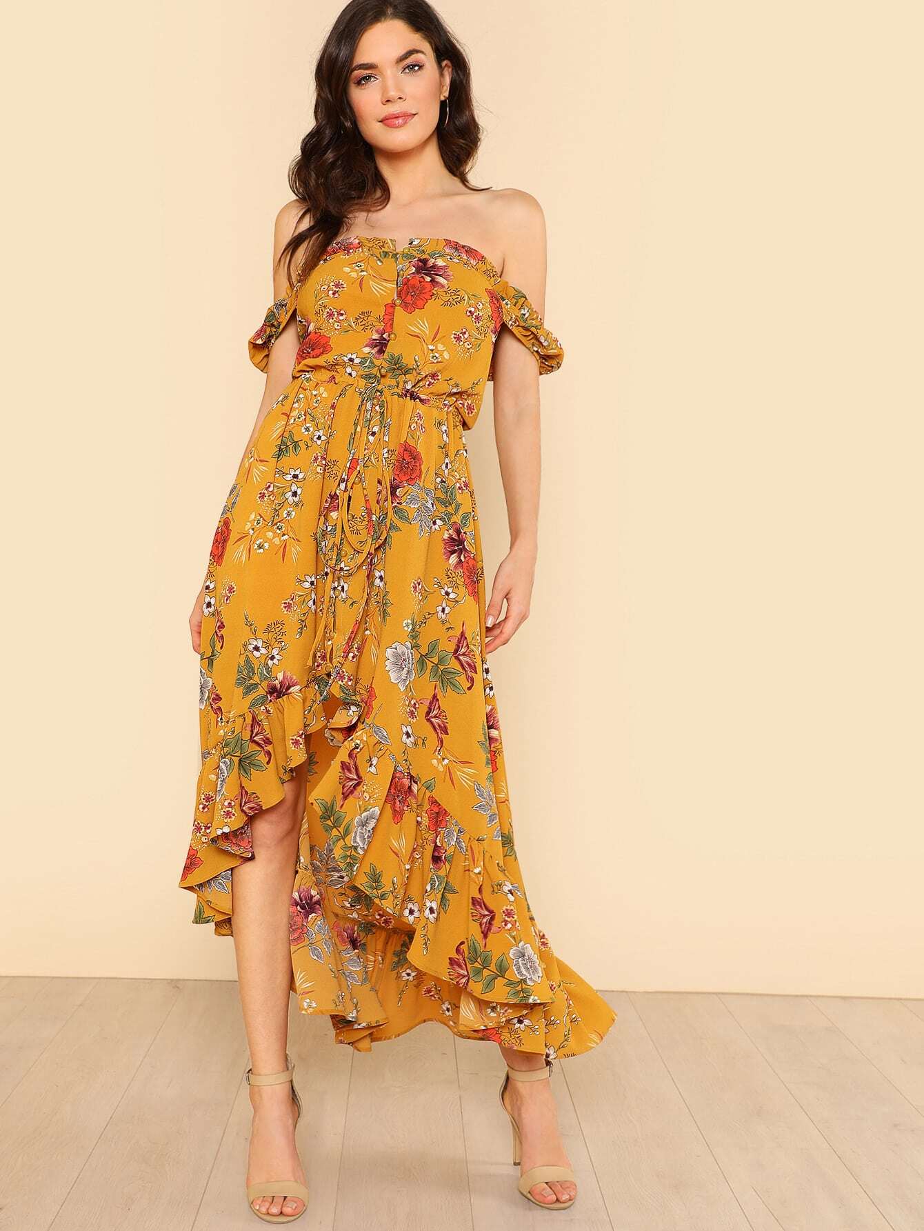 Drawstring Waist Asymmetrical Ruffle Hem Floral Bardot Dress knot side floral asymmetrical ruffle hem dress