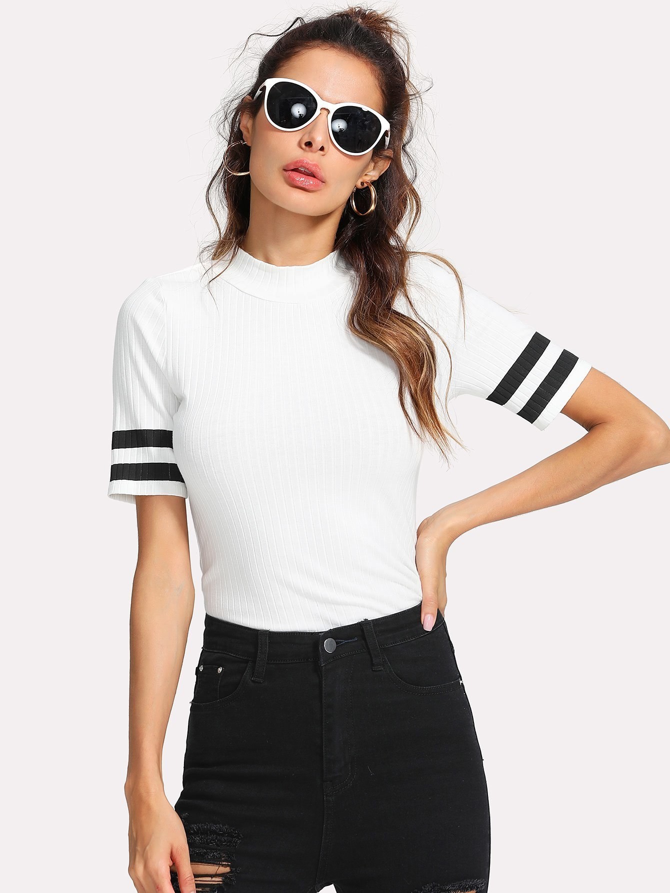 Mock Neck Striped Sleeve Ribbed Tee mock neck pearl detail puff sleeve tee