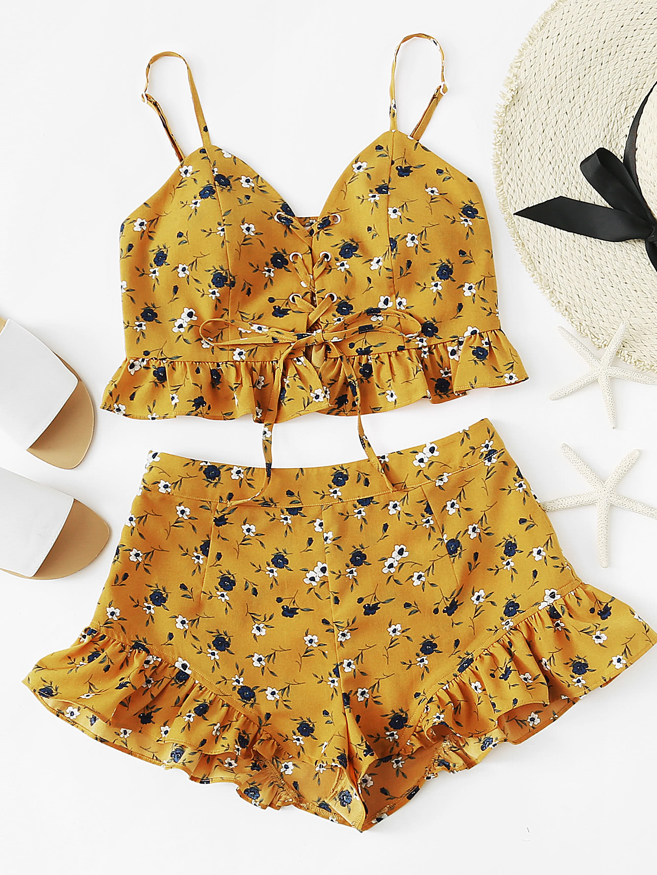 Ruffle Trim Lace Up Front Crop Cami And Shorts Set