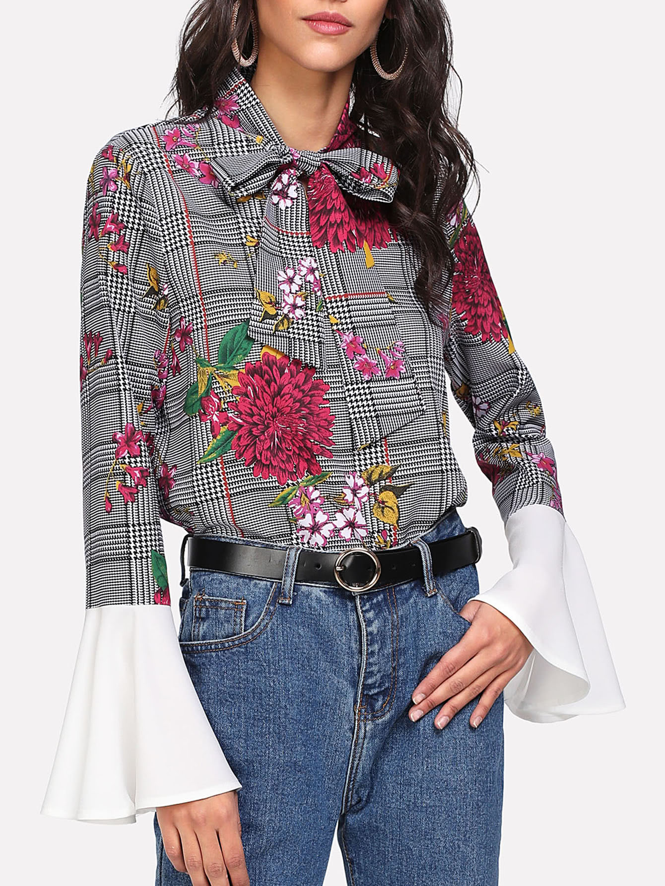 Tie Neck Mixed Print Contrast Flounce Sleeve Top