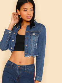 Raw Hem Distressed Crop Denim Jacket