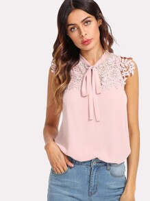 Guipure Lace Applique Tied Neck Top