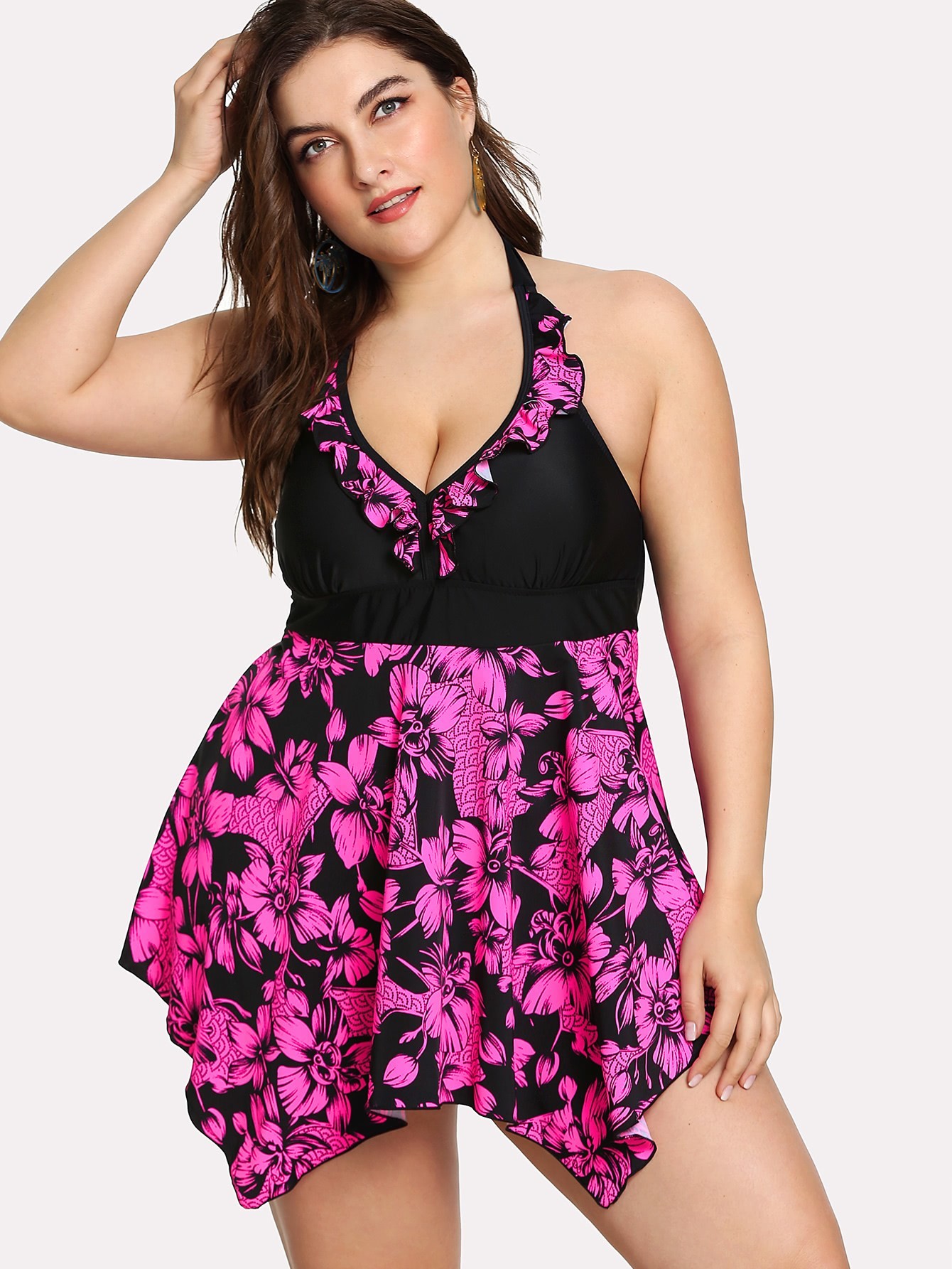 Flower Print Ruffle Swim Dress Set