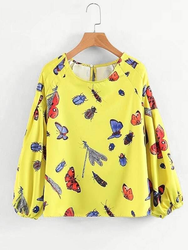 Butterfly Print Balloon Sleeve Blouse calico print layered butterfly sleeve blouse