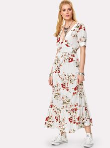Double V Neck Ruffle Hem Botanical Dress