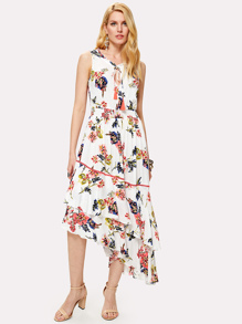 Tassel Tie Layered Asymmetric Botanical Dress