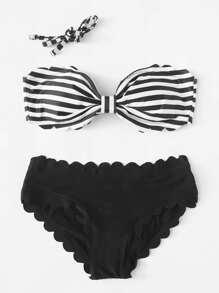 Striped Scalloped Trim Bikini Set