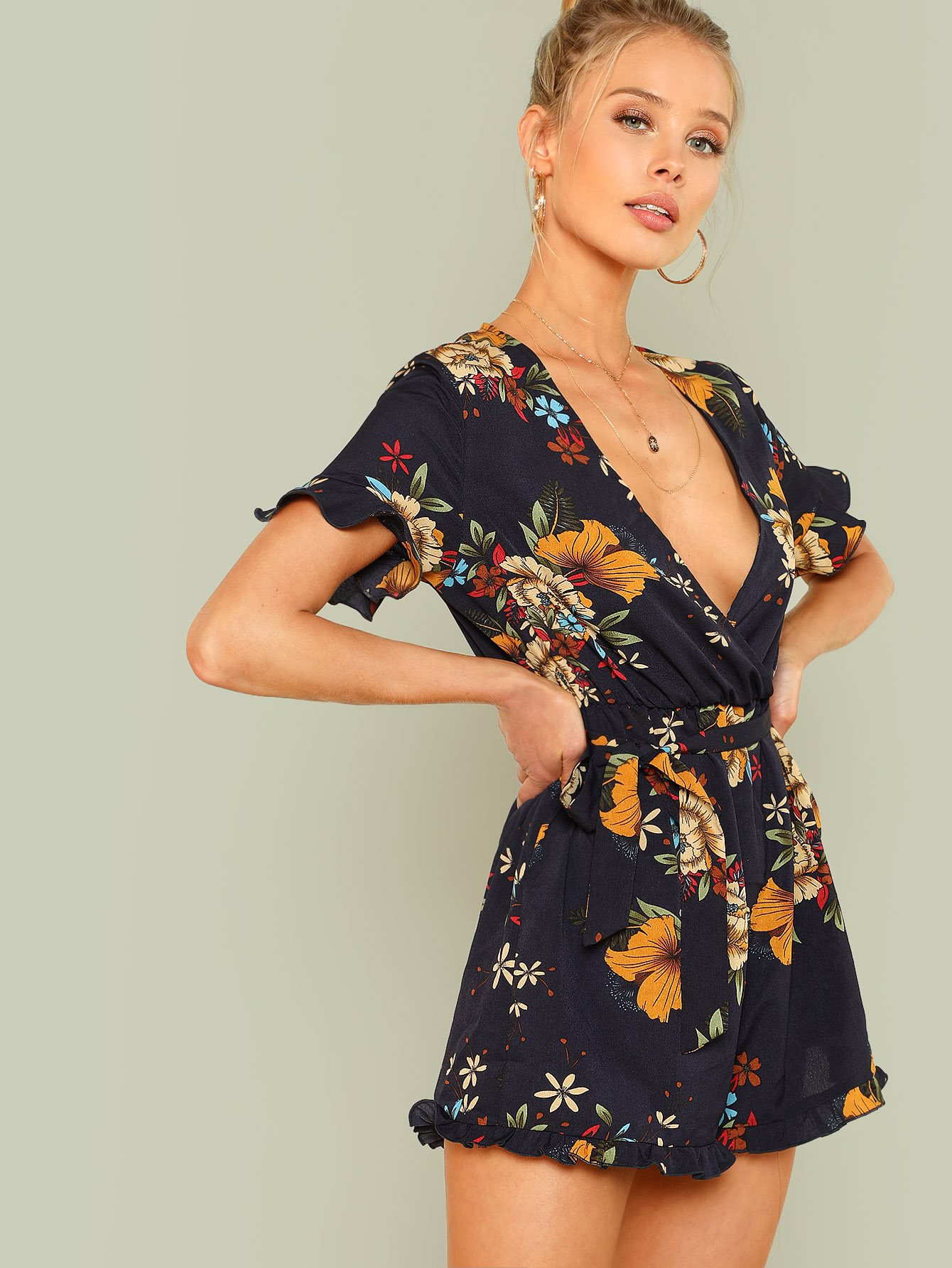 Flounce Sleeve Tie Waist Frill Trim Цветочный Romper