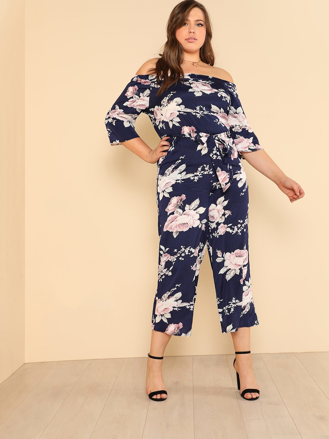 Flower Print Belted Wide Leg Jumpsuit