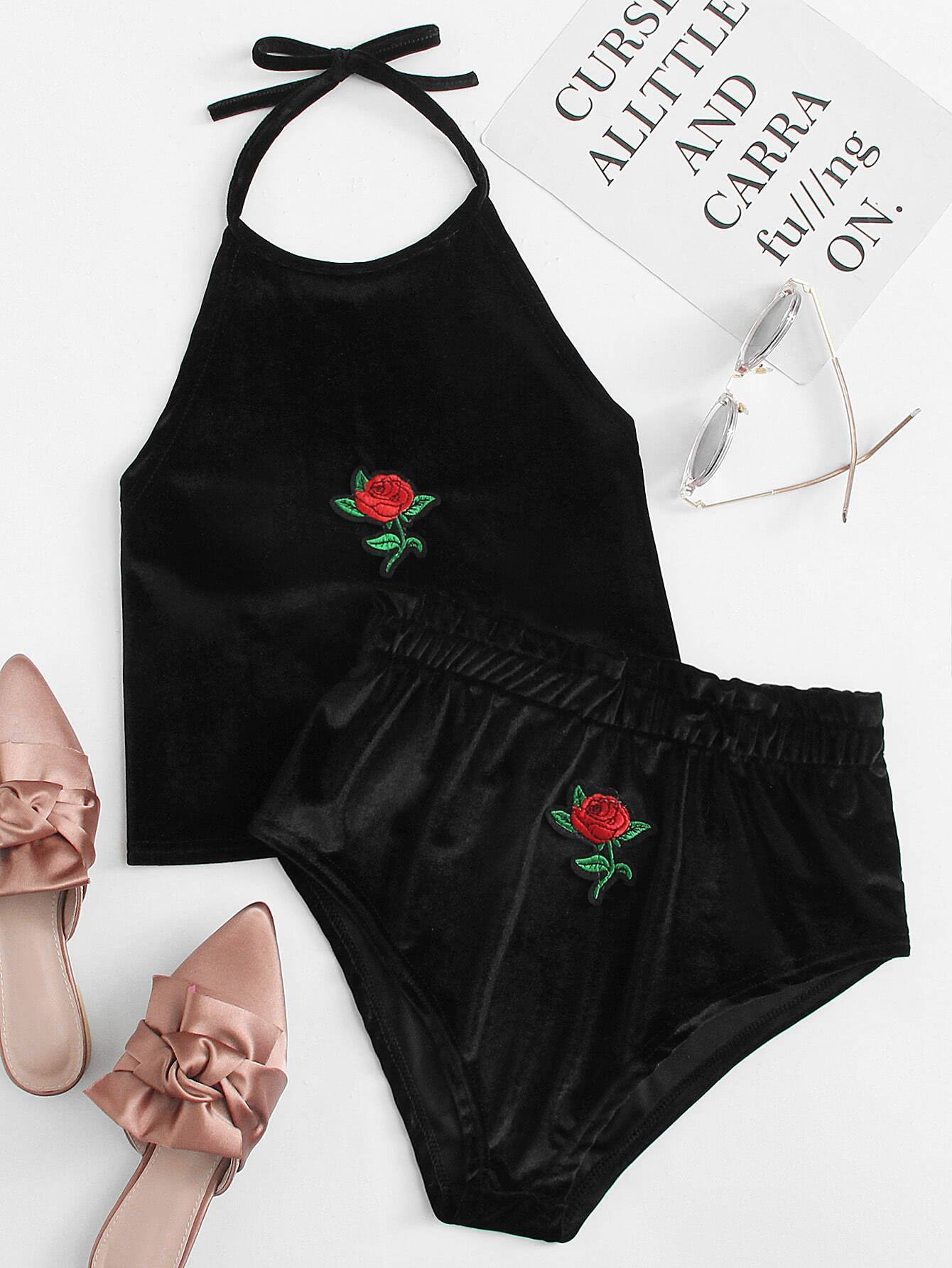 Velvet Rose Embroidered Patch Top With Shorts