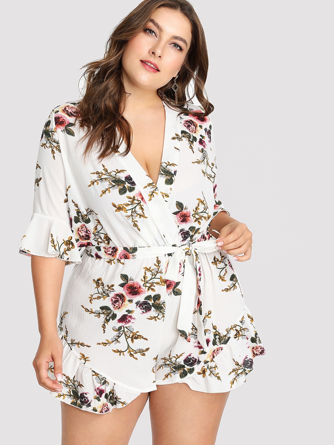 Plus Flounce Sleeve Surplice Wrap Floral Romper