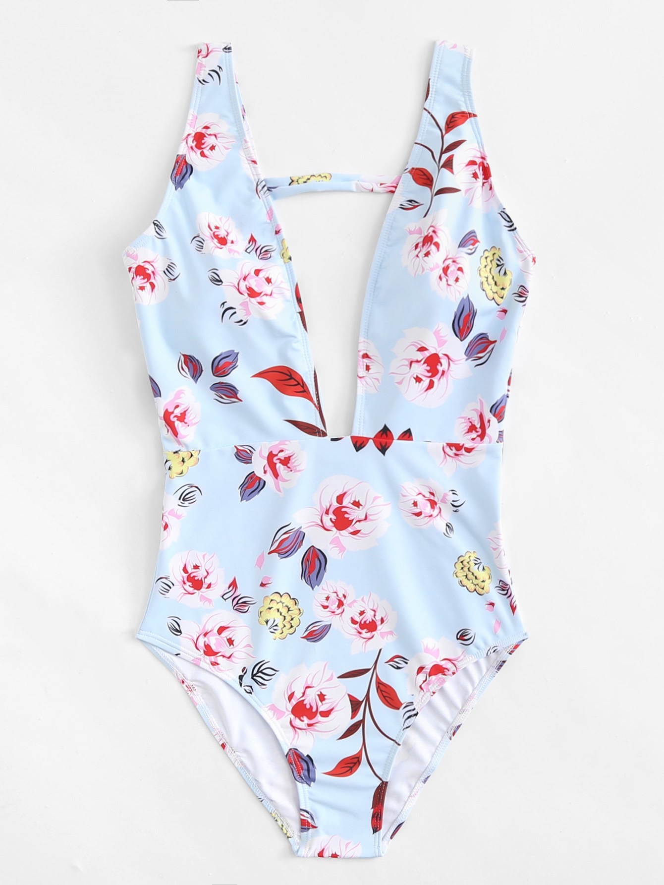 Купальник вырезом на груди с рисунком цветы