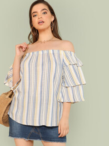 Layered Flounce Sleeve Striped Bardot Top