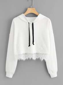 Lace Hem Drop Shoulder Hoodie