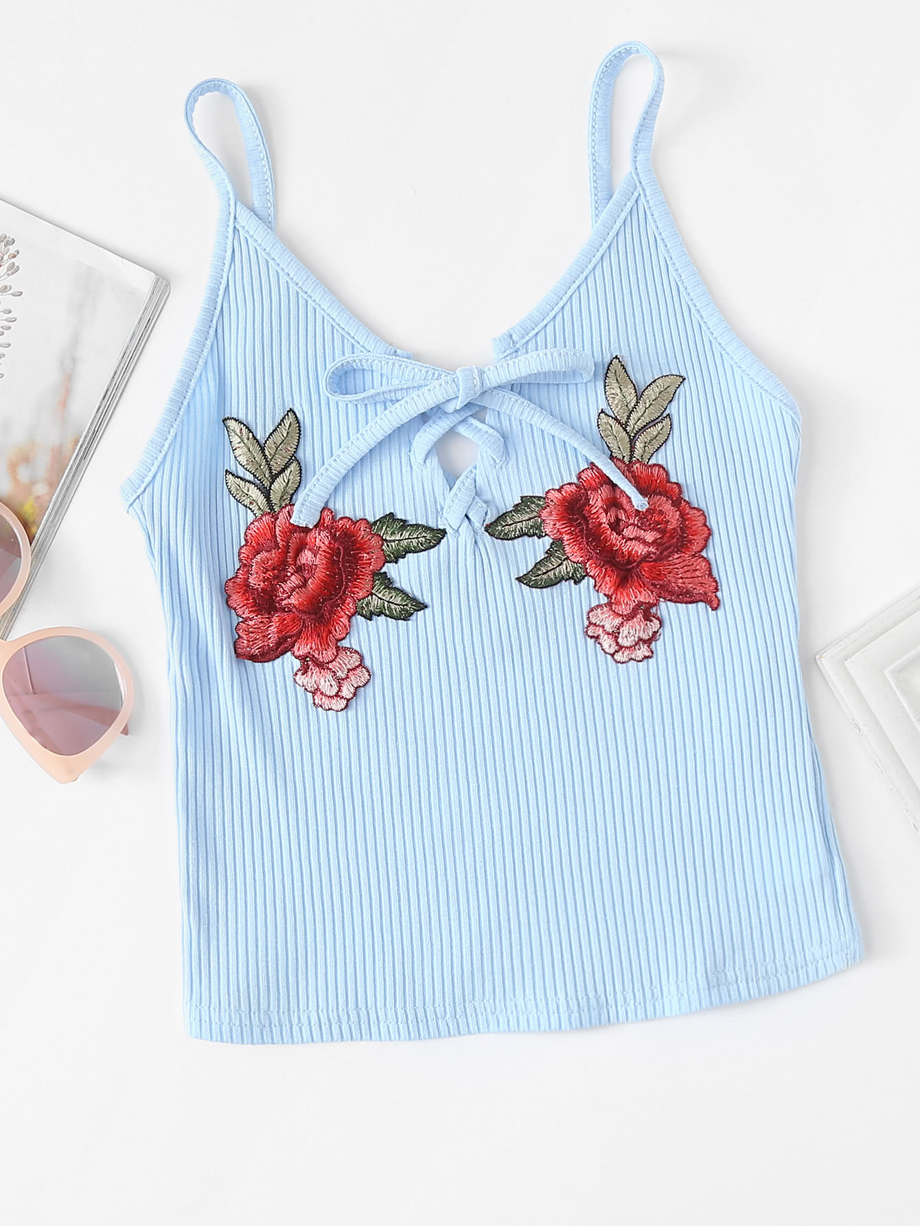 Lace Up Embroidered Floral Applique Cami Top