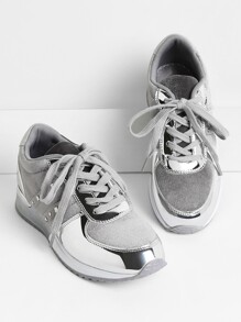 Metallic Insert Lace Up Velvet Sneakers