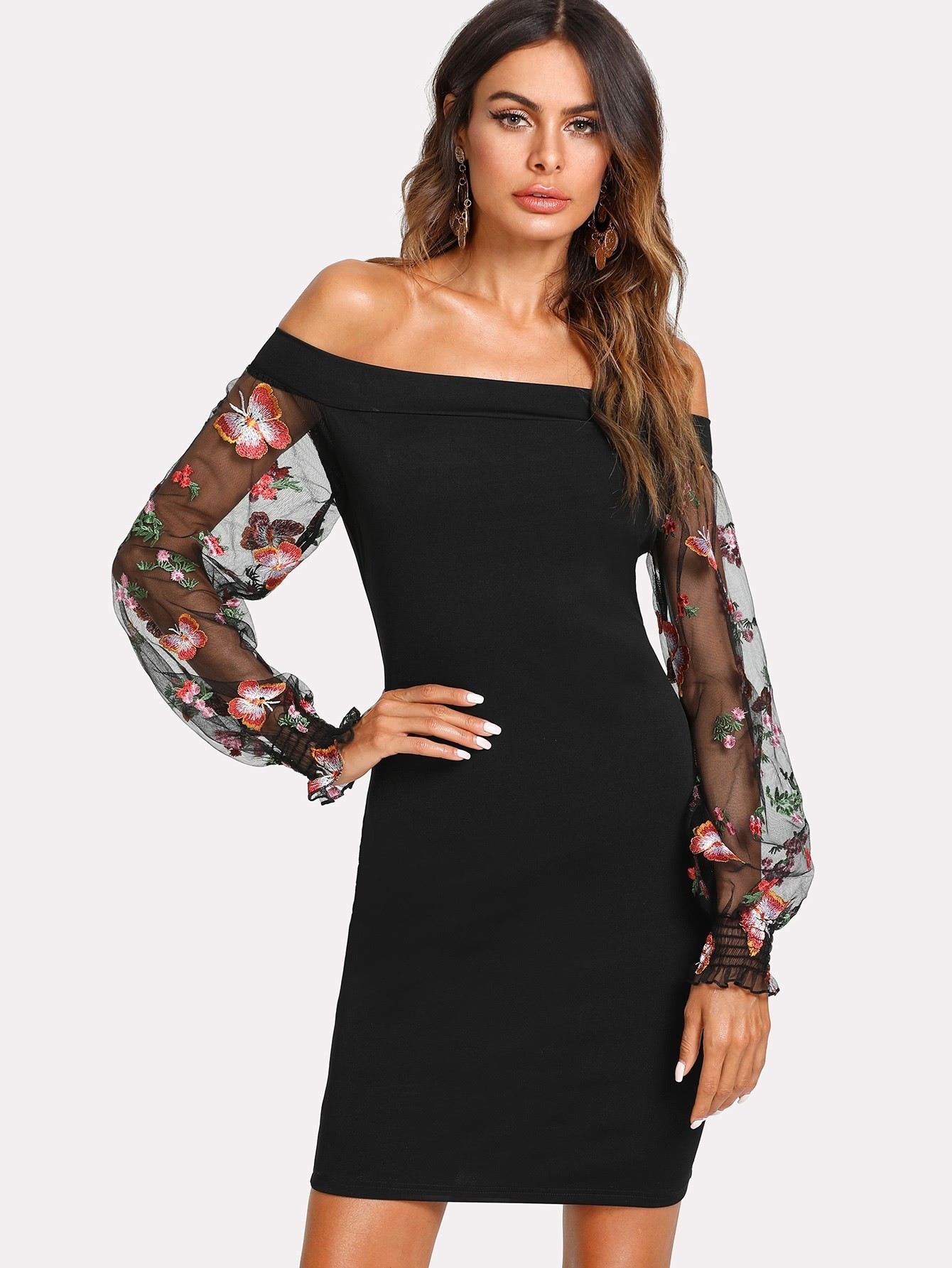 Embroidered Mesh Sleeve Bardot Dress mesh panel sleeve dress