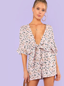 Knot Front Plunging Neck Batwing Romper