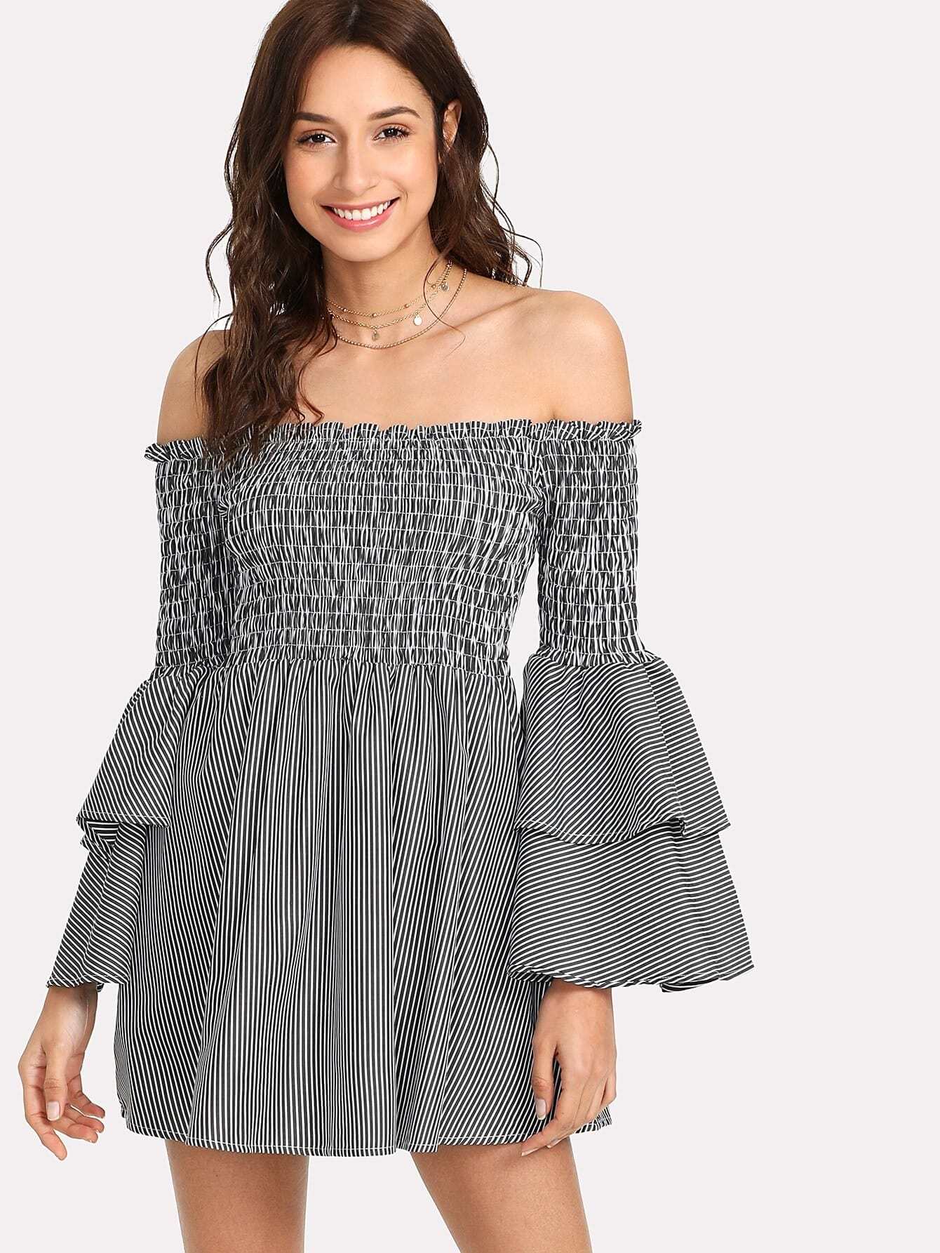 Shirred Bardot Tiered Sleeve Striped Dress shirred bardot tiered sleeve striped dress