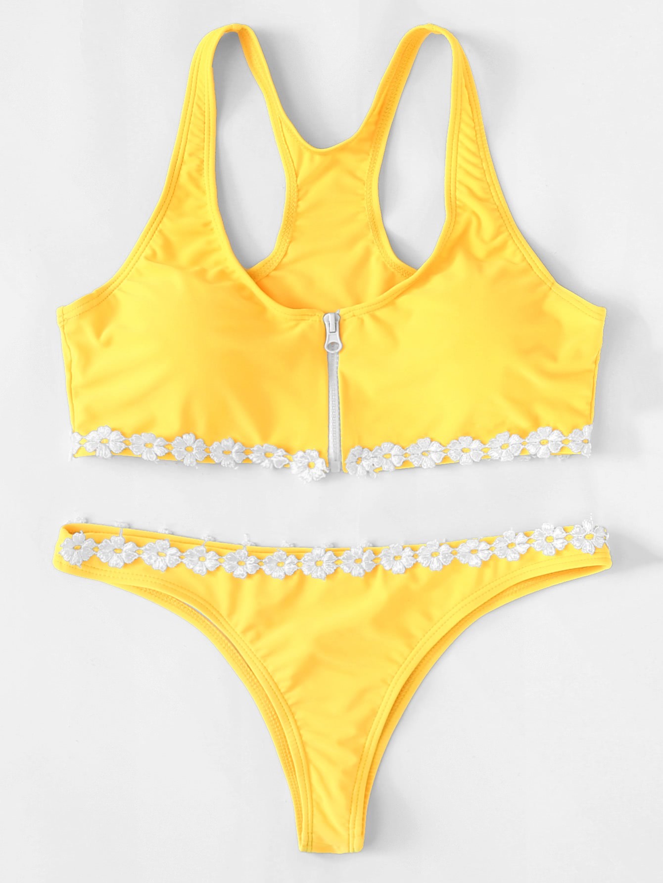 Flower Applique Zipper Bikini Set SheIn(Sheinside)