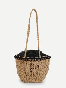 Contrast Trim Straw Tote Bag