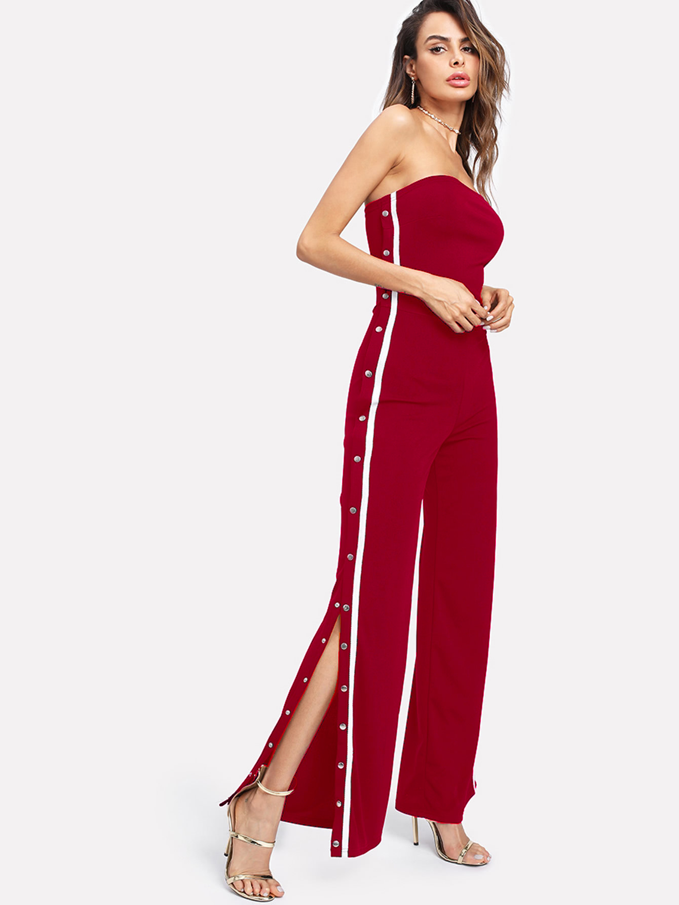 Bardot Tape Detail Snap-Button Side Wide Leg Jumpsuit