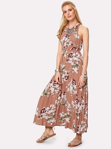 Flower Print Cutout Back Halter Dress