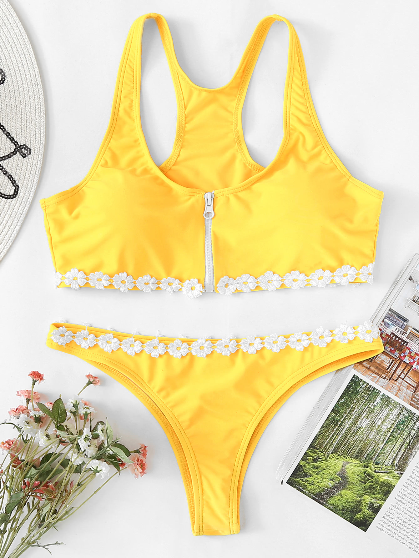 Flower Applique Zipper Bikini Set SheIn(Sheinside)