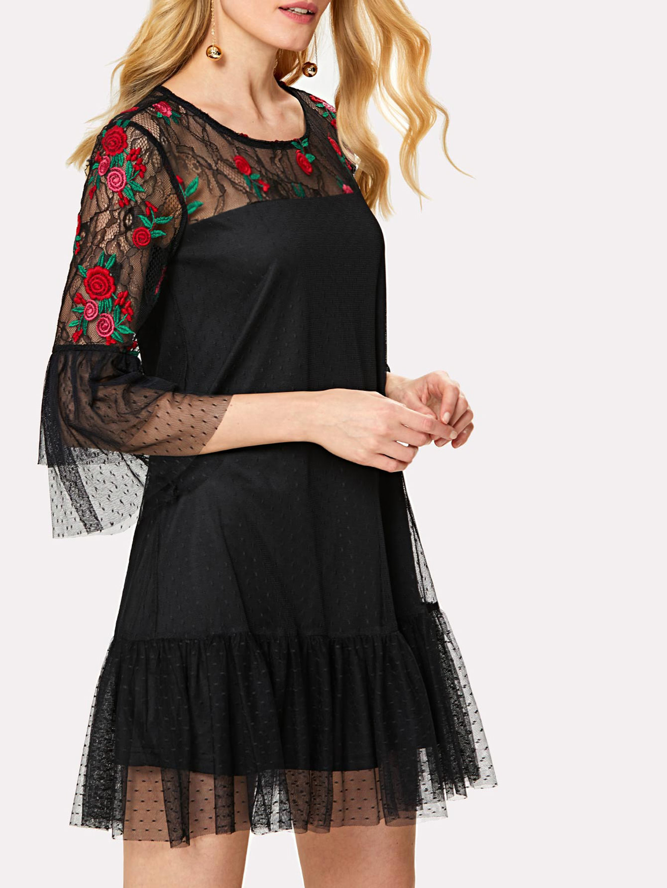 Floral Embroidered Yoke Ruffle Trim Mesh Overlay Dress ruffle mesh panel dress