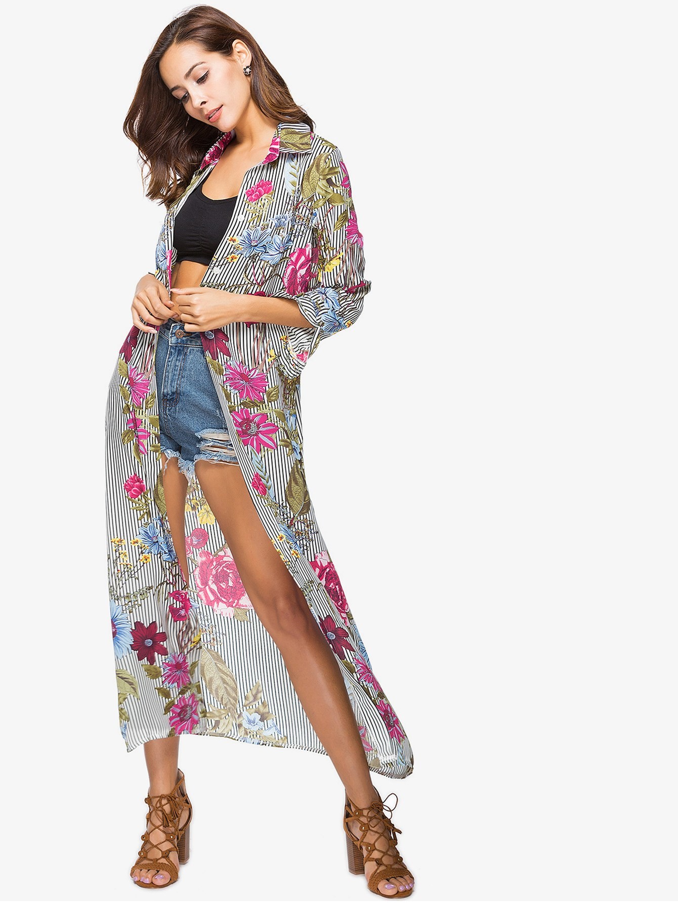 Длинная рубашка в линию и принтом цветы