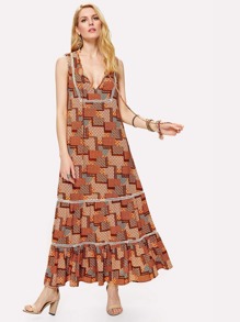 Knot Front Lace Insert Patchwork Print Dress