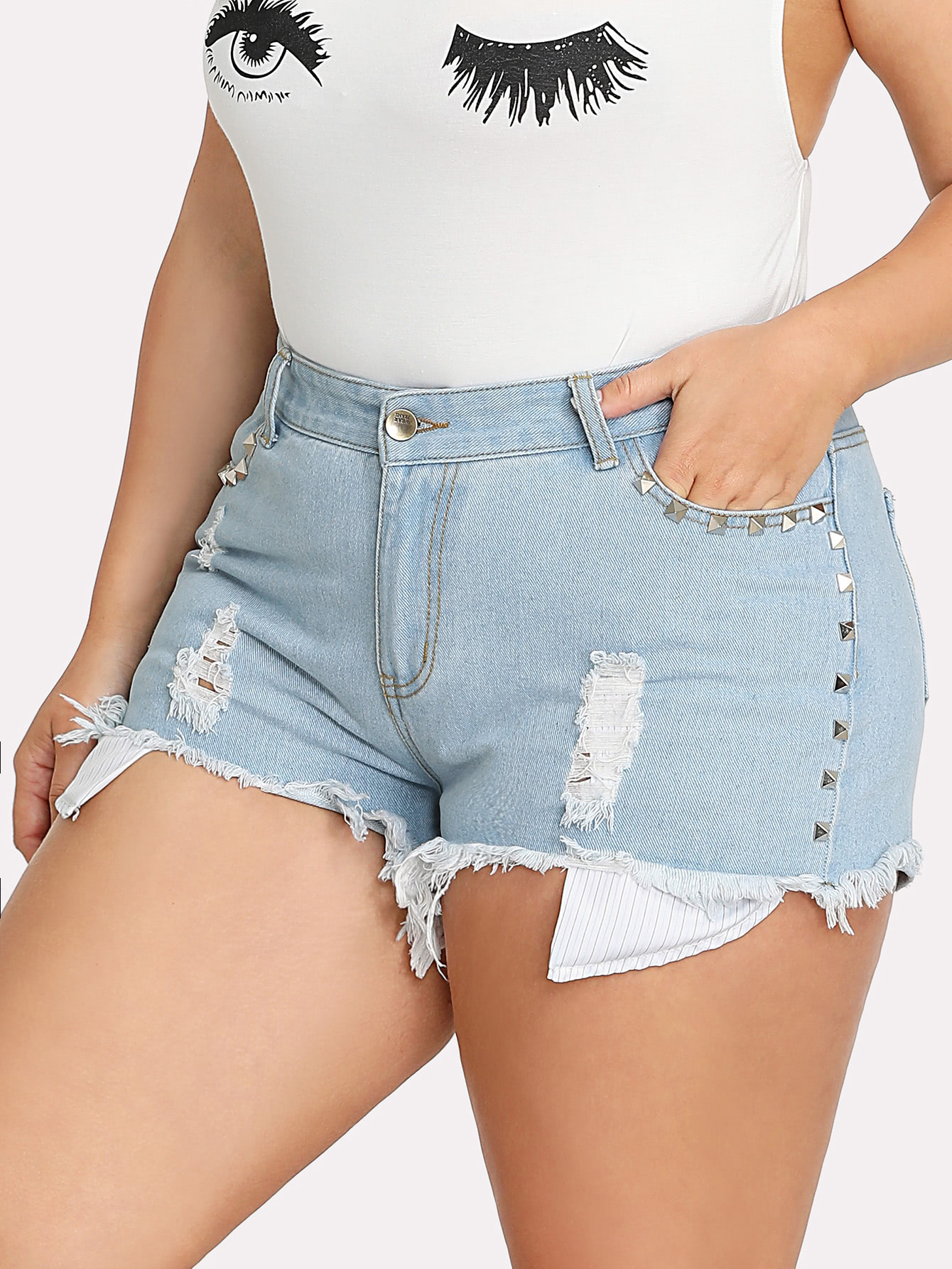 Plus Frayed Hem Rivet Detail Ripped Denim Shorts