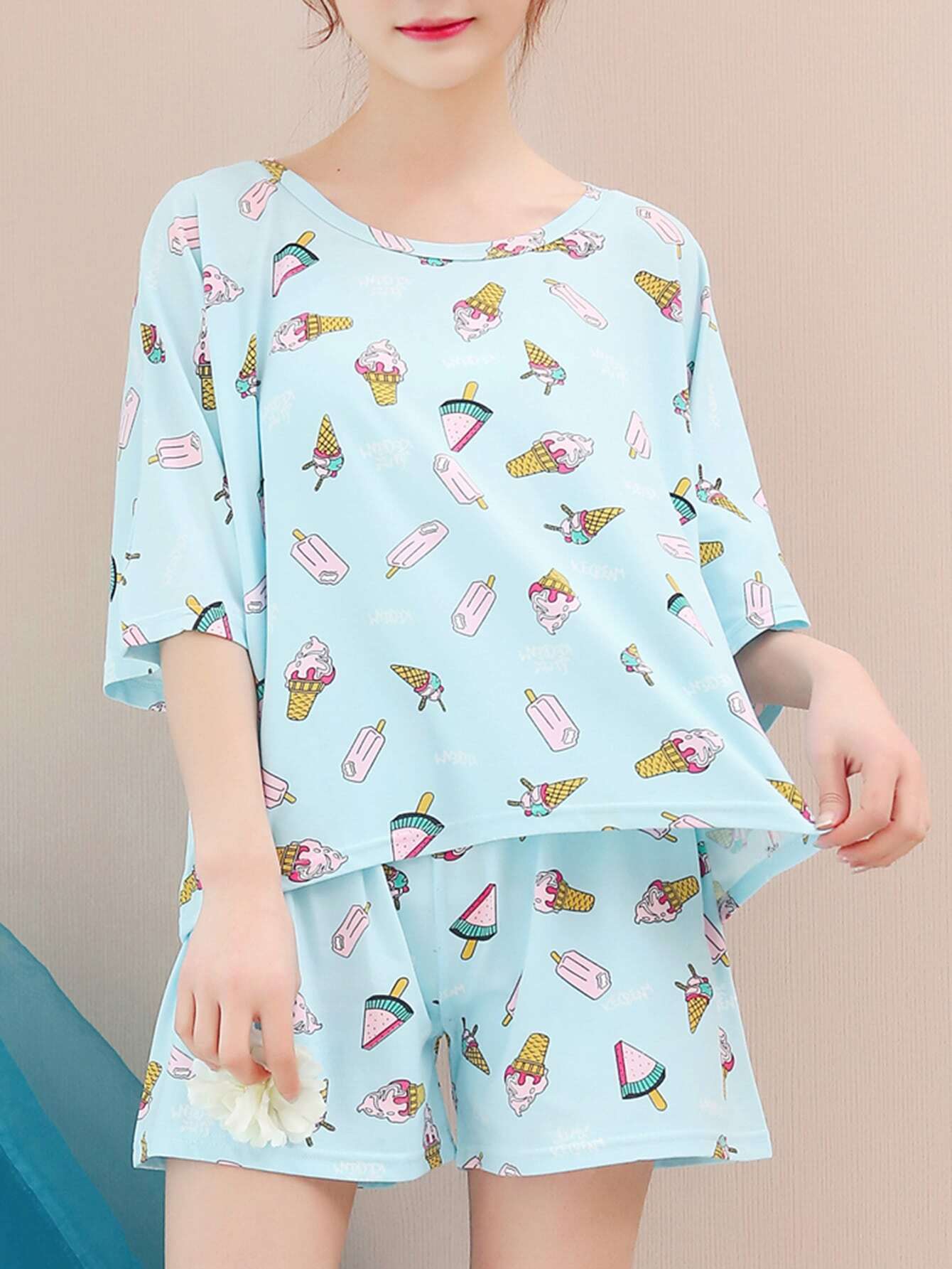 Cartoon Print Half Sleeve Top & Shorts PJ Set