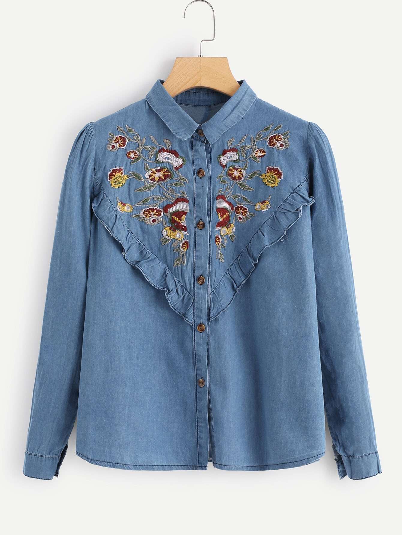 Джинсовая рубашка с вышивкой цветы