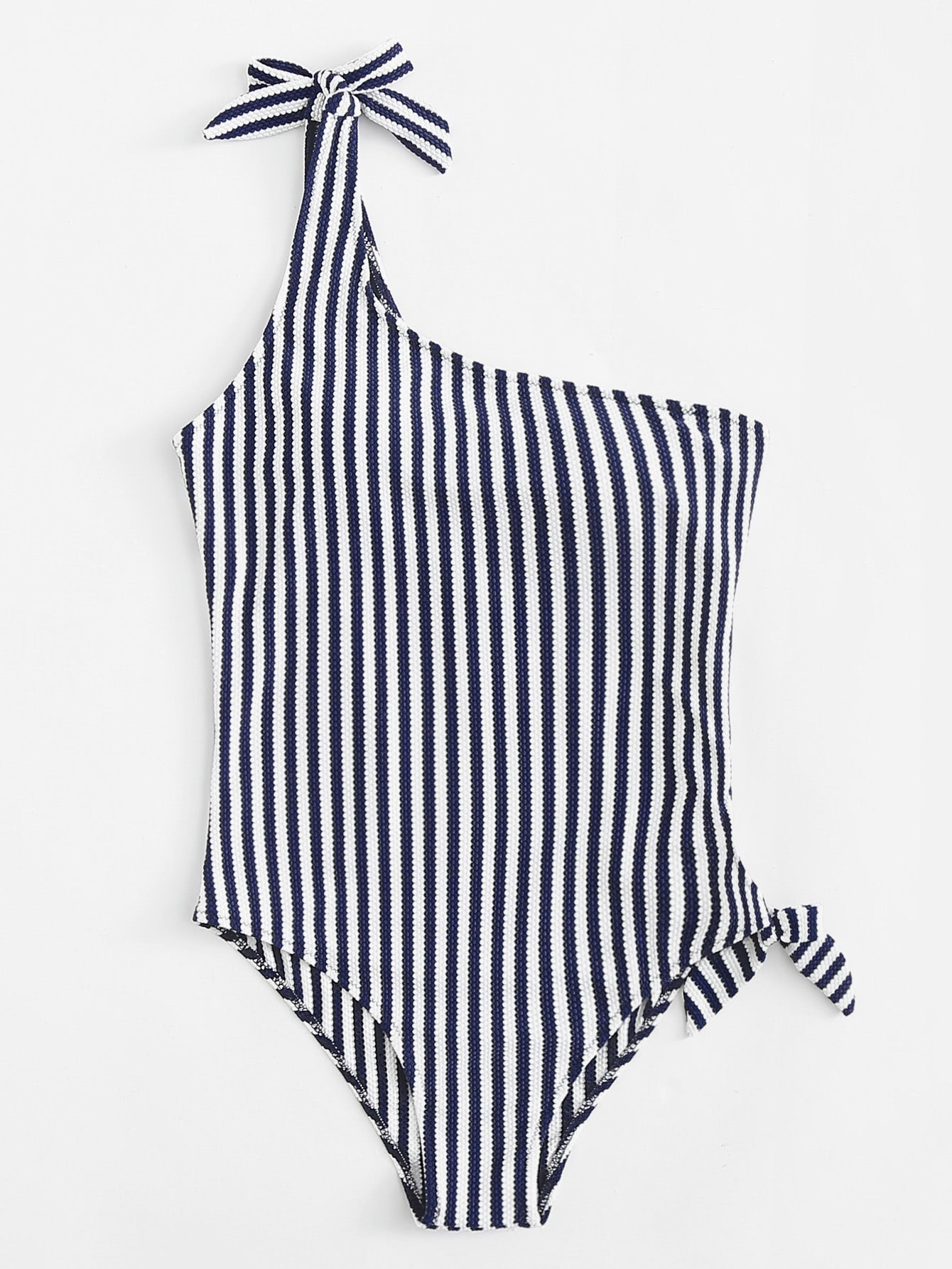 One Shoulder Striped Swimsuit SheIn(Sheinside)