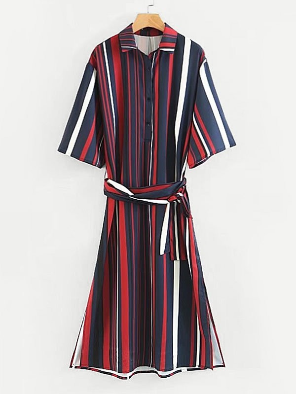 все цены на Vertical Striped Slit Side Shirt Dress онлайн