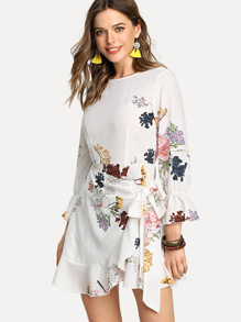 Trumpet Sleeve Ruffled Overlap Dress