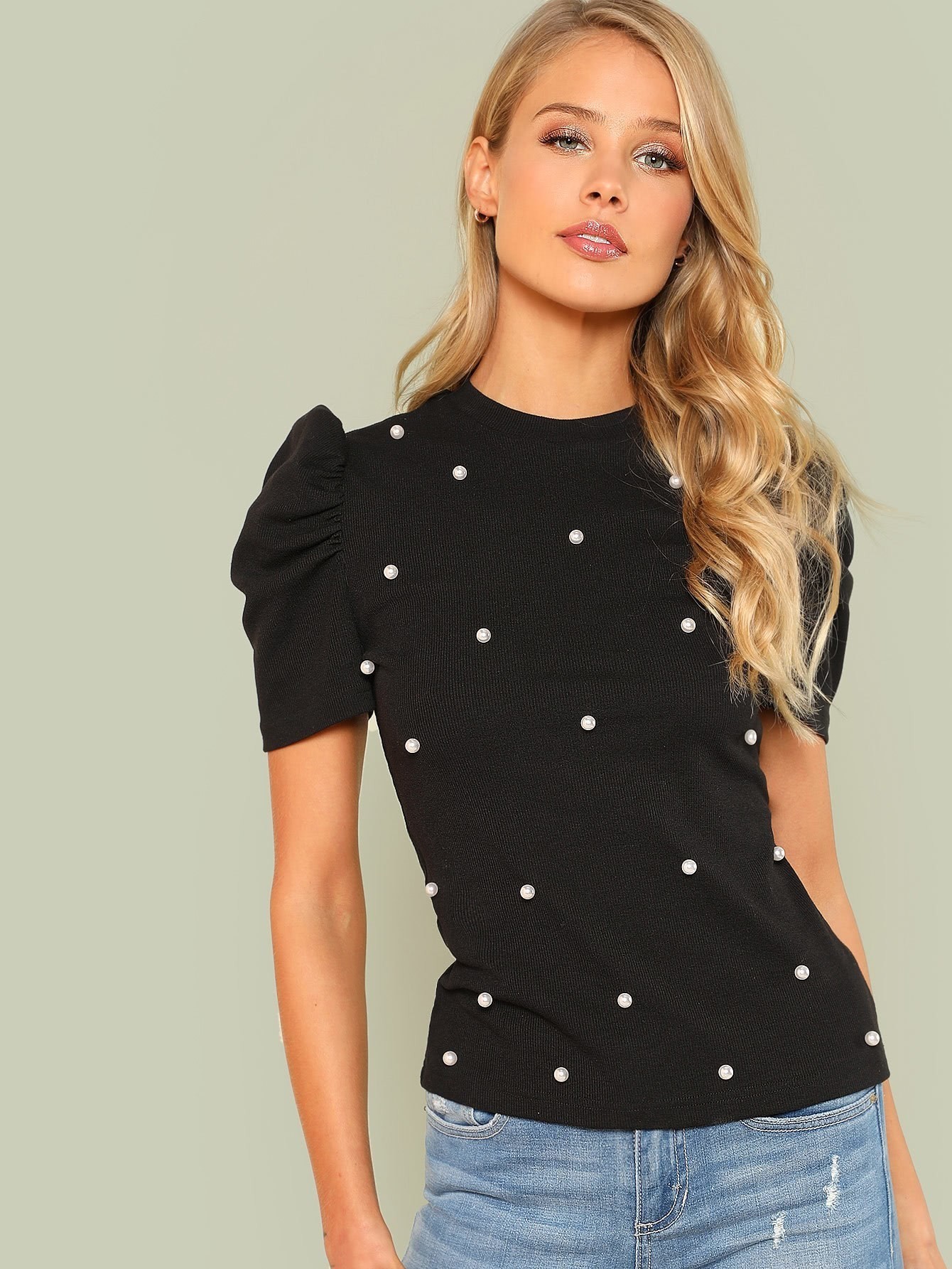 Pearl Embellished Puff Sleeve Tee mock neck pearl detail puff sleeve tee