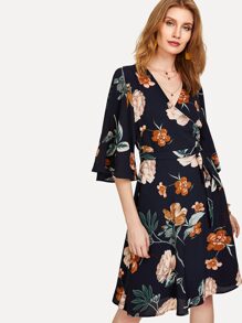 Flower Print Flutter Sleeve Wrap Dress